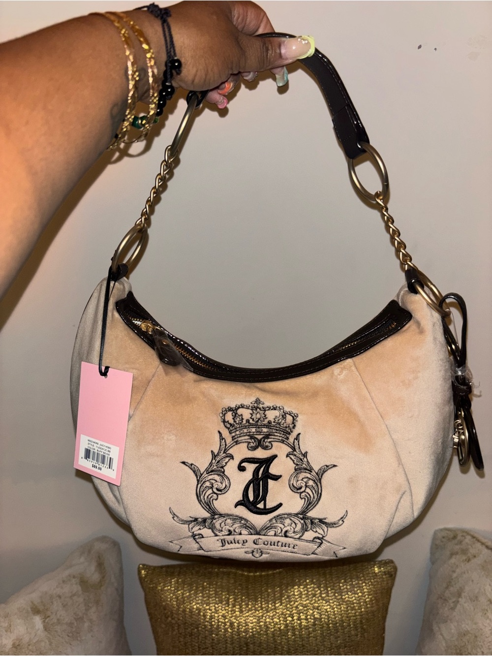 Juicy Couture Beige and Dark Brown Velour Hobo with Embroidered Crest
